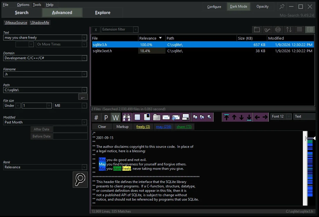 Advanced filters panel in dark mode