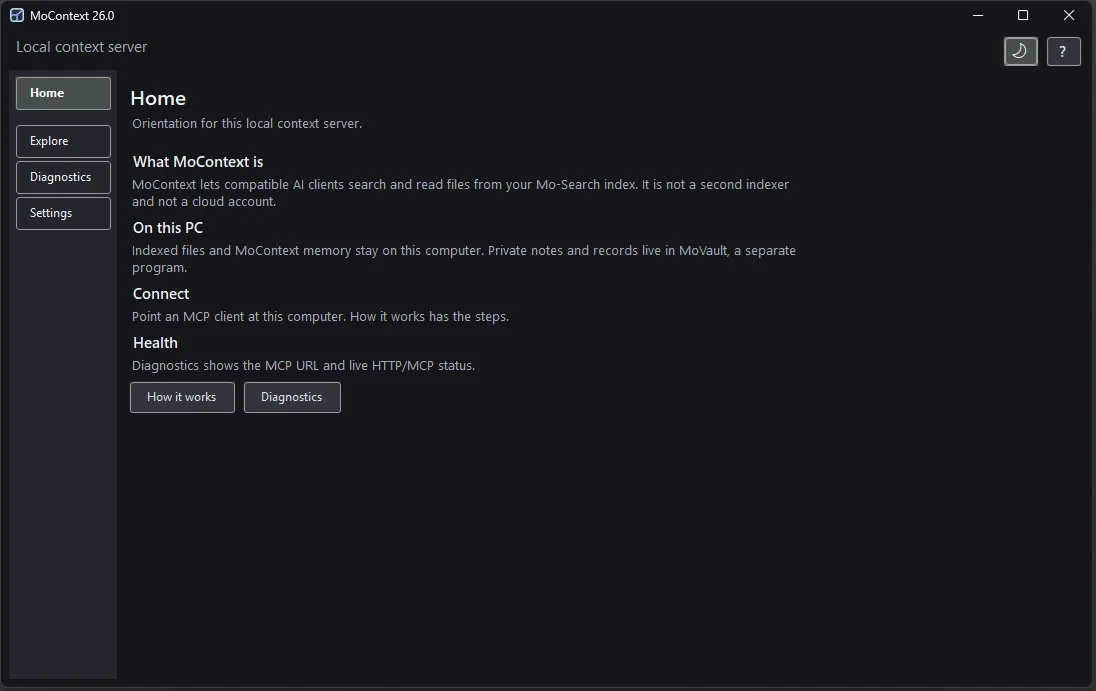MoContext Home screen in dark mode, explaining the local context server