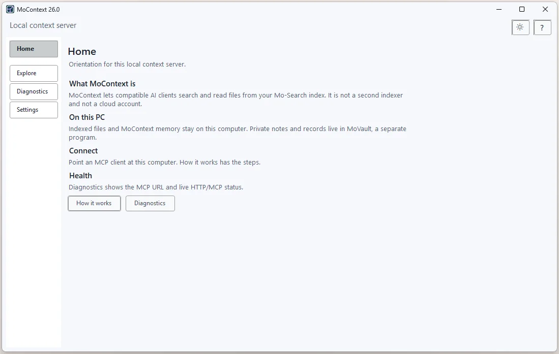 MoContext Home screen in light mode, explaining the local context server