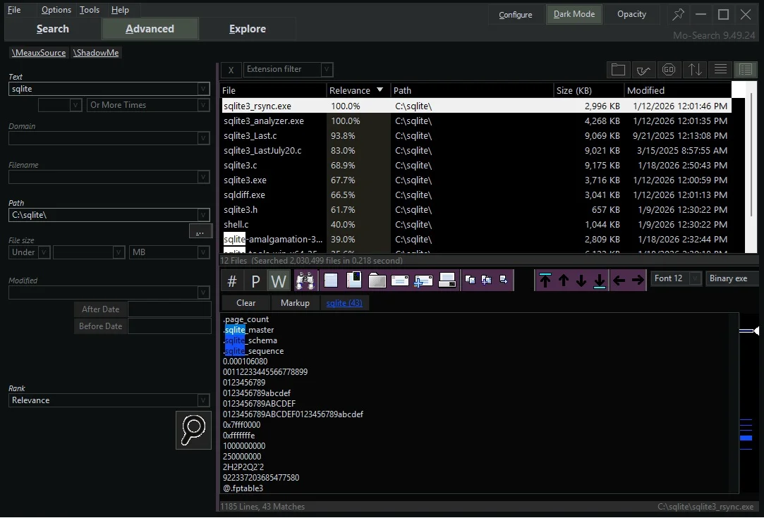 Ranked results list in dark mode