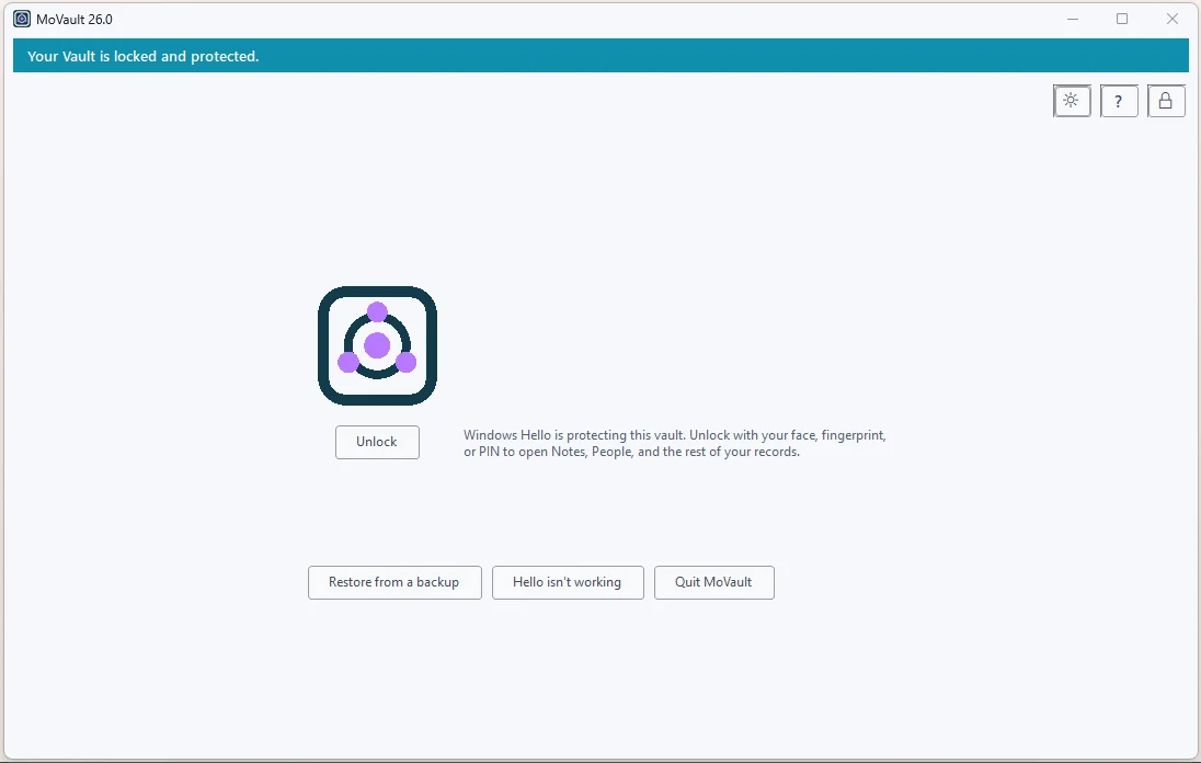 MoVault lock screen in light mode, showing Windows Hello protection and an Unlock button
